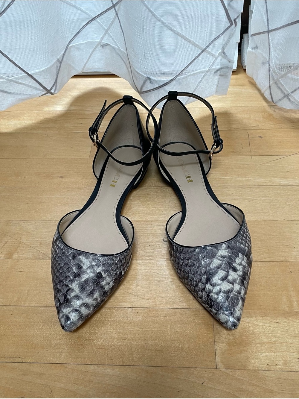 Coach Snake Skin Pointed Toe Ankle Strap Flats in Black and Gray, size 8.5